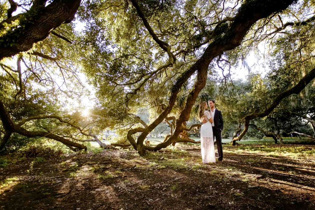 Engagement Portrait City Park New Orleans at sunset under branches