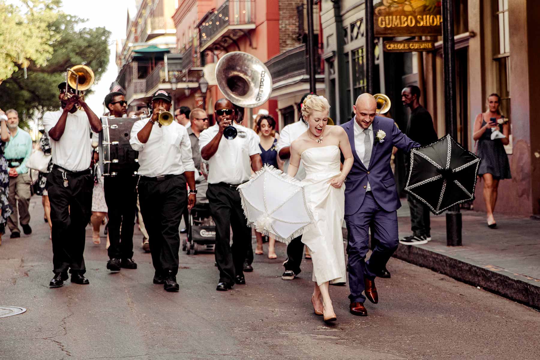 New Orleans Wedding second line band with bride and groom