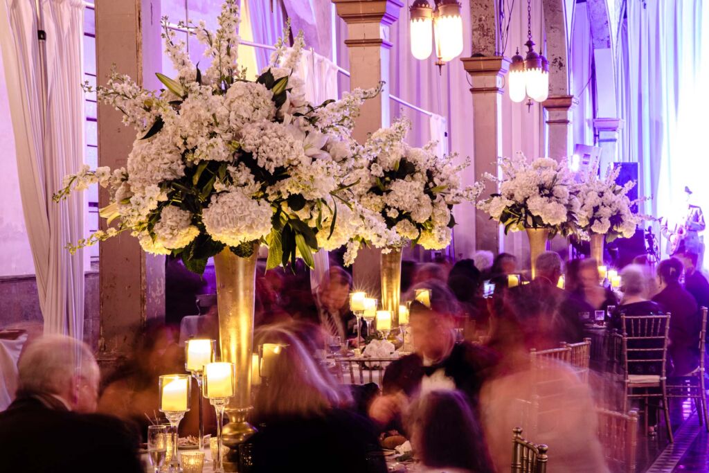 White floral display at wedding reception